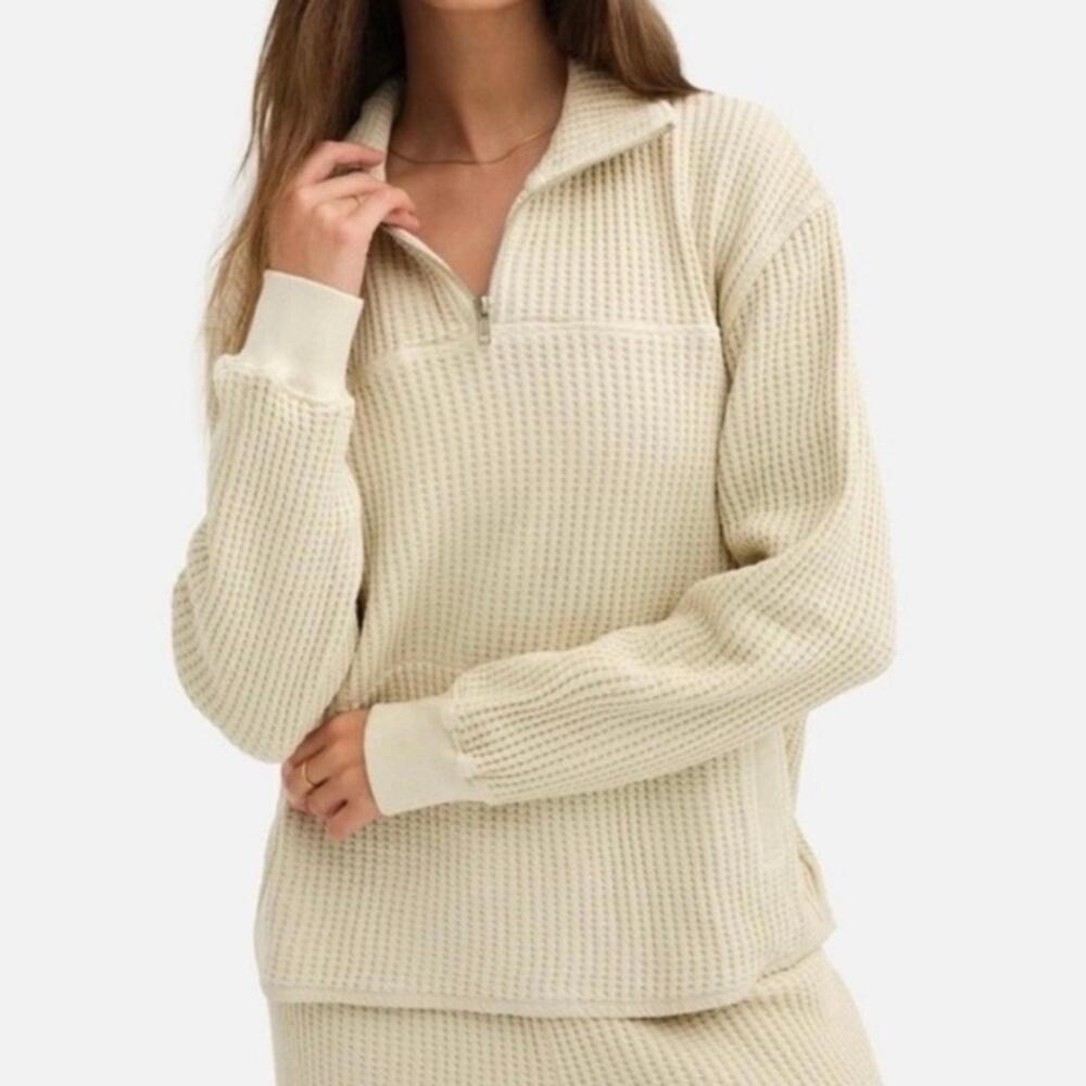 MATE The Label Sz XS Organic Waffle Half-zip Sweatshirt in Bone Cream